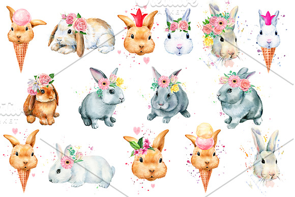 Сute bunnies watercolor illustration in Illustrations - product preview 2