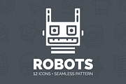 Robots: 12 icons & seamless pattern