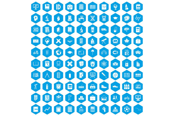 100 school icons set blue