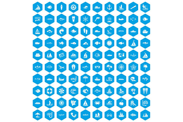 100 sea icons set blue