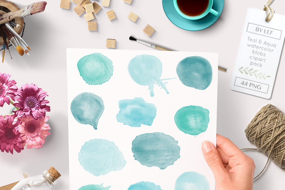 Watercolor Blobs Teal Graphics 44 pc