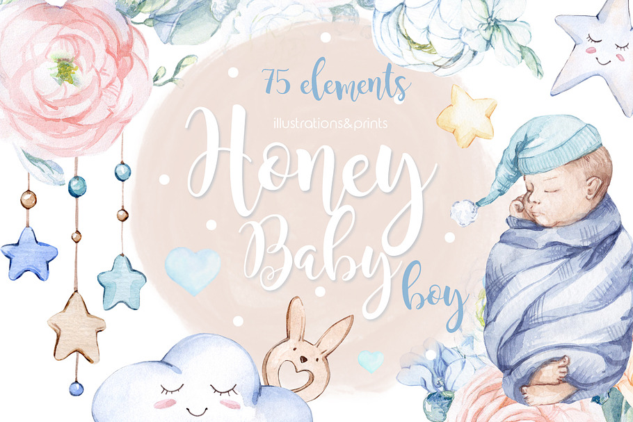 Watercolor NEW Honey Baby BOY in Illustrations - product preview 8