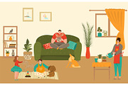 Family characters at home with kids