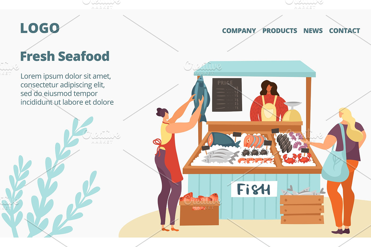 Fresh fish and seafood sale market in Illustrations - product preview 8