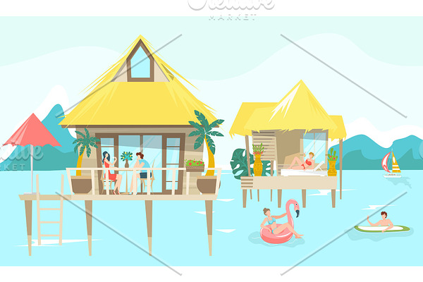 Sea bungalow and vacationers people