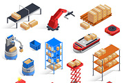 Warehouse robots isometric icons set