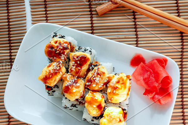 Sushi on white plate close-up, macro