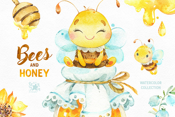Bees and Honey. Watercolor.
