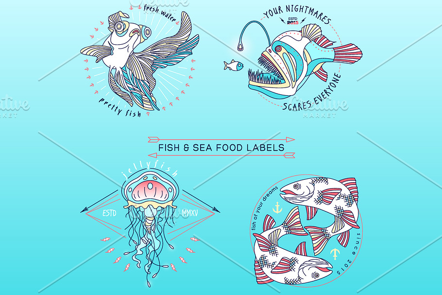 Thin line fish and sea food labels