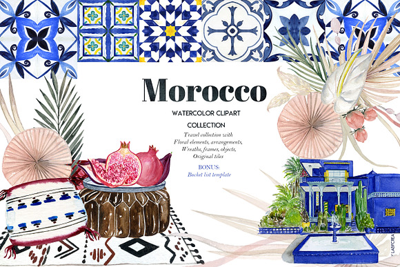 Morocco. Tropical. Watercolor tiles. in Illustrations - product preview 22