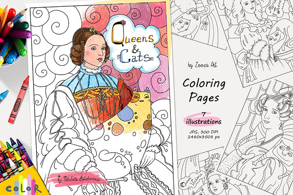 Queens and Cats - coloring pages