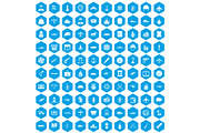 100 combat vehicles icons set blue