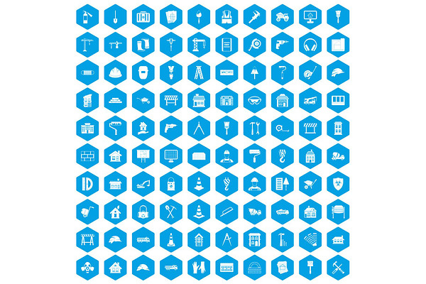 100 construction icons set blue