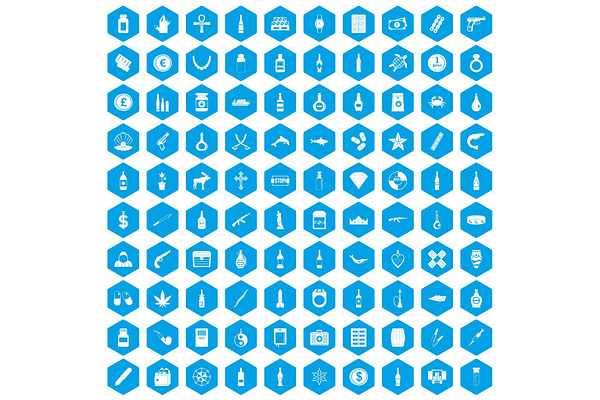 100 smuggling goods icons set blue