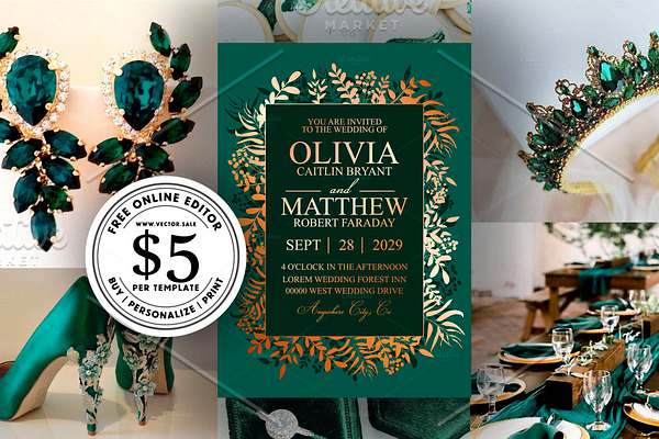Emerald gold herb wedding invitation