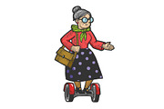Old woman rides on hoverboard sketch