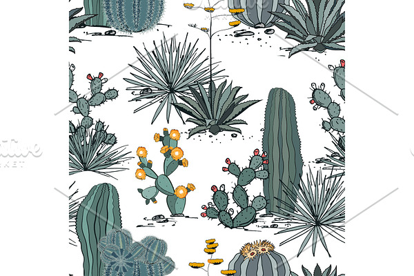 Seamless pattern with cactus plants