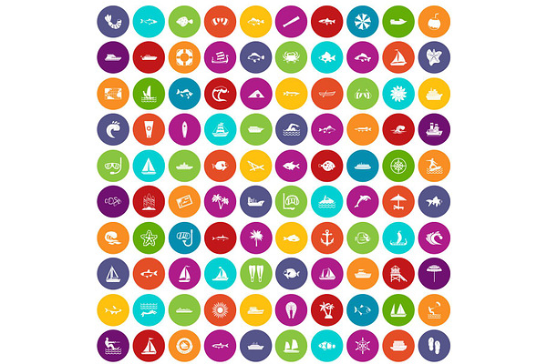 100 sea icons set color