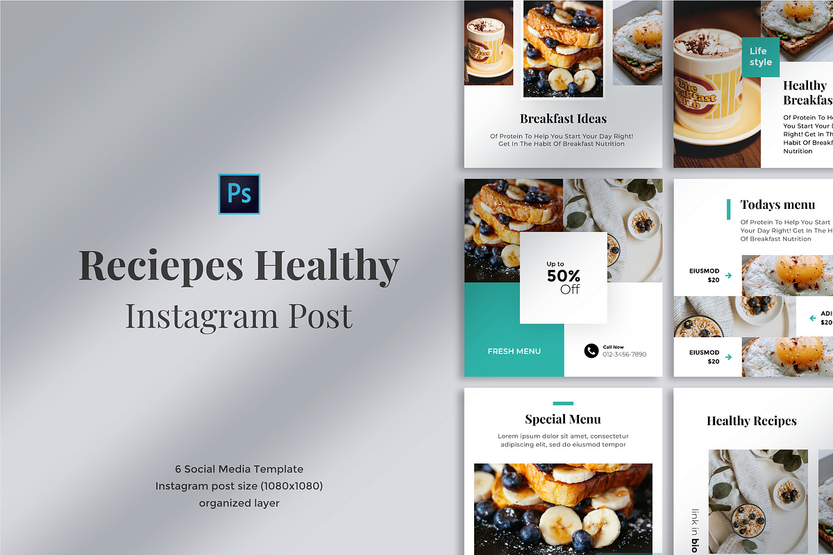 Reciepes Healthy Instagram Post 01 in Instagram Templates - product preview 8