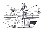 Woman traveler with baggage sitting