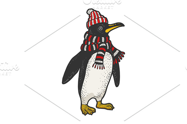 Penguin in scarf and hat sketch