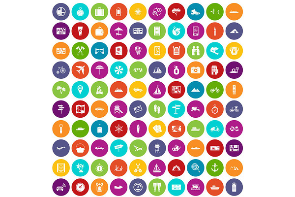 100 travel icons set color