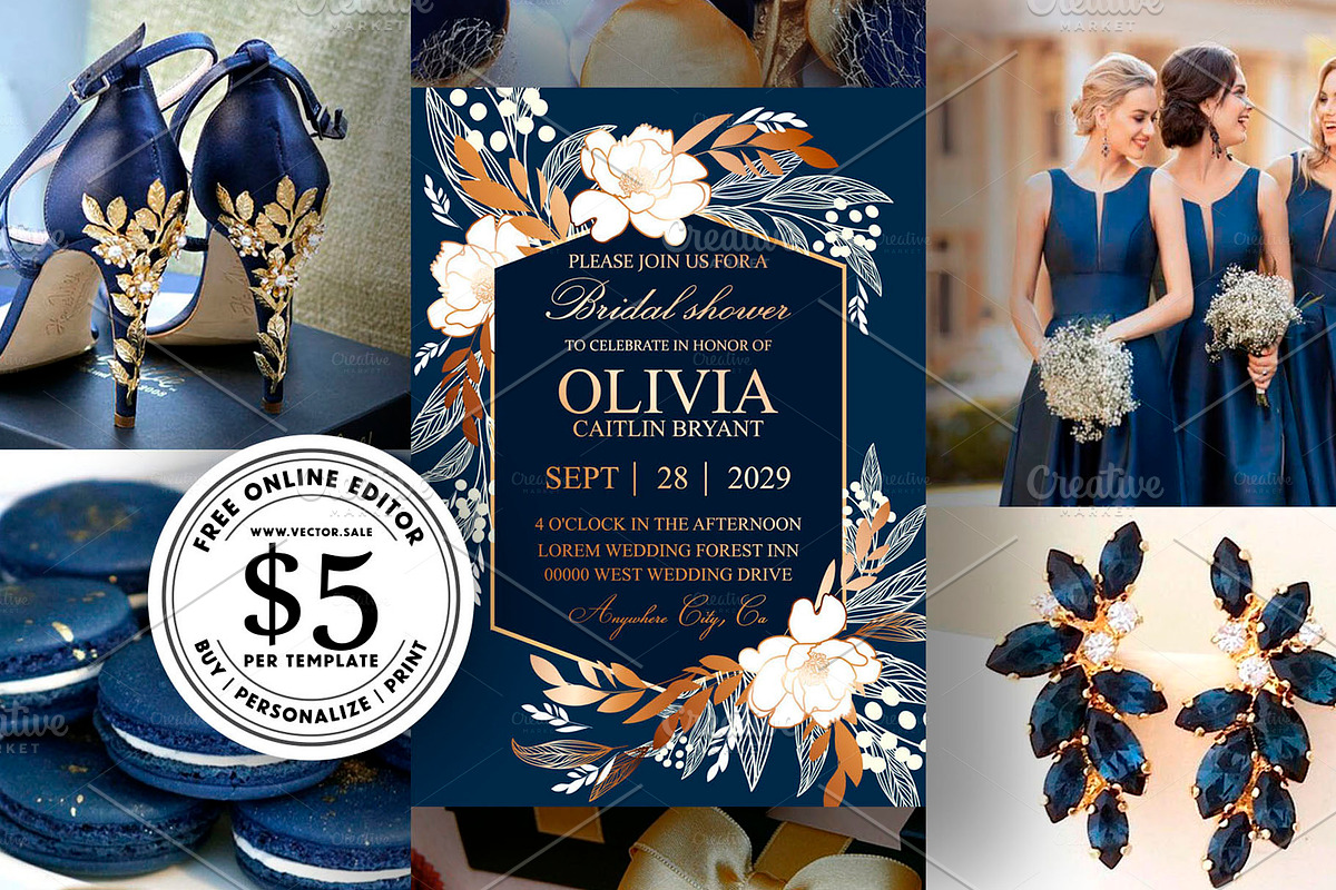 Peony gold blue wedding invitation in Wedding Templates - product preview 8