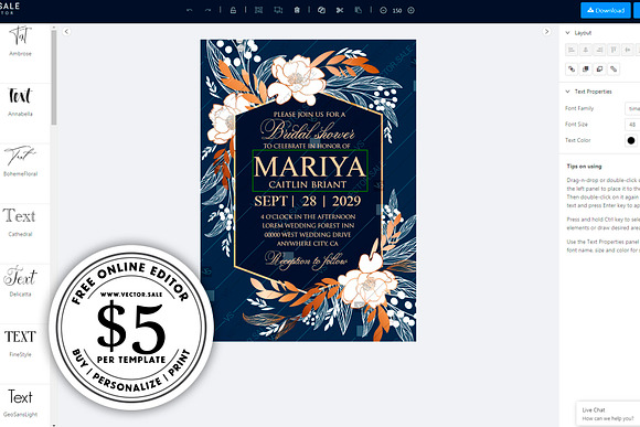 Peony gold blue wedding invitation in Wedding Templates - product preview 2