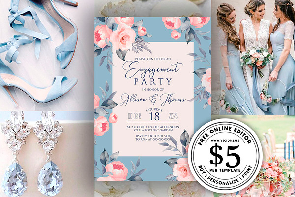Pink peony blue wedding invitation