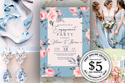 Pink peony blue wedding invitation