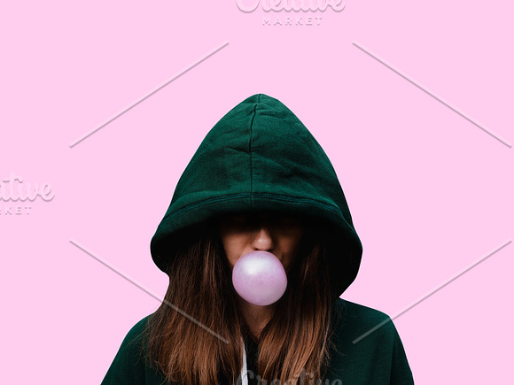 girl inflates chewing gum. bubble of in Pinterest Templates - product preview 1