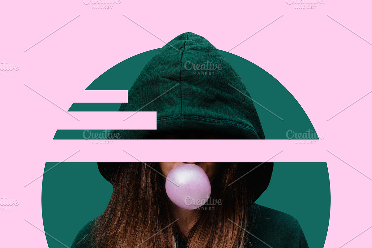 girl inflates chewing gum. bubble of in Pinterest Templates - product preview 8