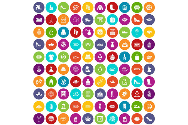 100 woman shopping icons set color