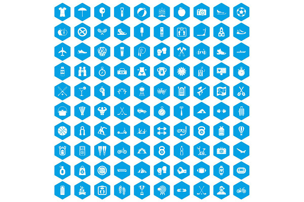 100 active life icons set blue