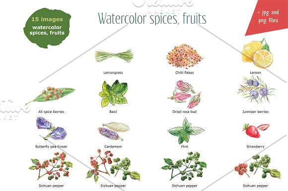 Watercolor spices, fruits in Illustrations - product preview 1