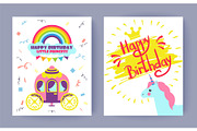 Happy Birthday Postcards Set Vector