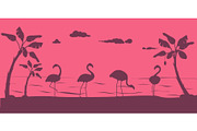 Flamingo silhouette. Birds on beach