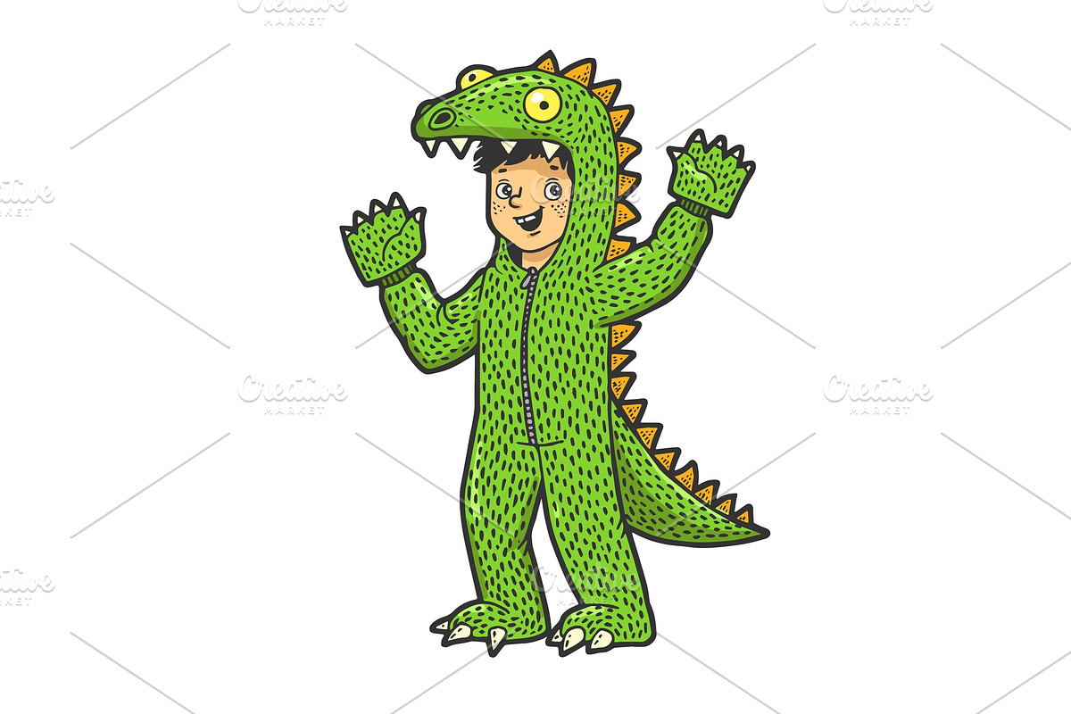 Boy kid dressed as dinosaur sketch in Illustrations - product preview 8