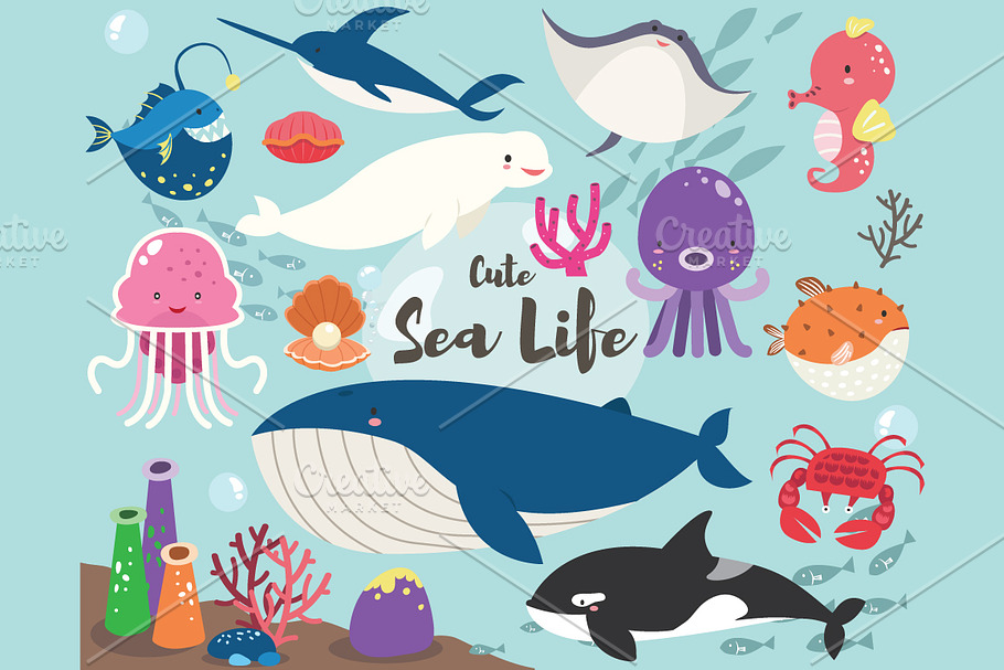 Cute Sea Life Collection Set in Illustrations - product preview 8