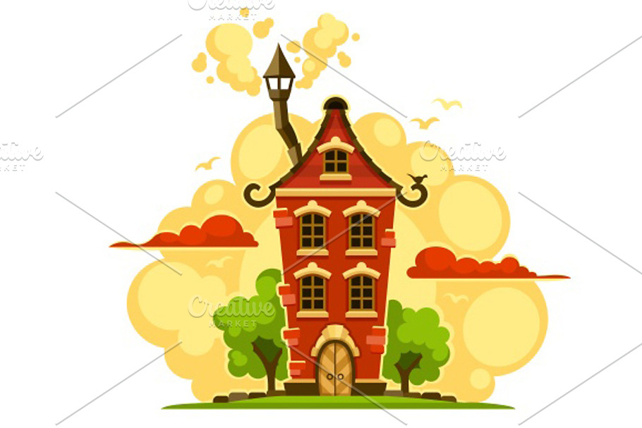 Fairy-tale house over sunset clouds in Illustrations - product preview 8