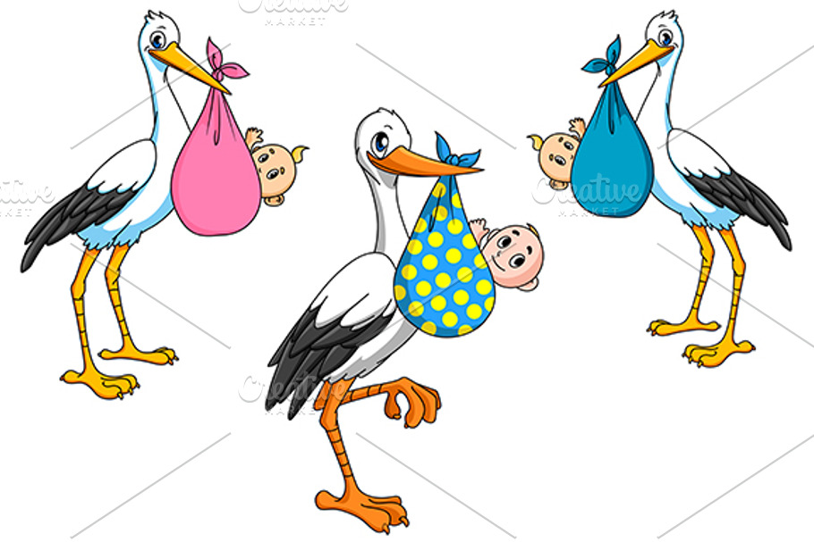 Cute cartoon storks carrying babies in Graphics - product preview 8