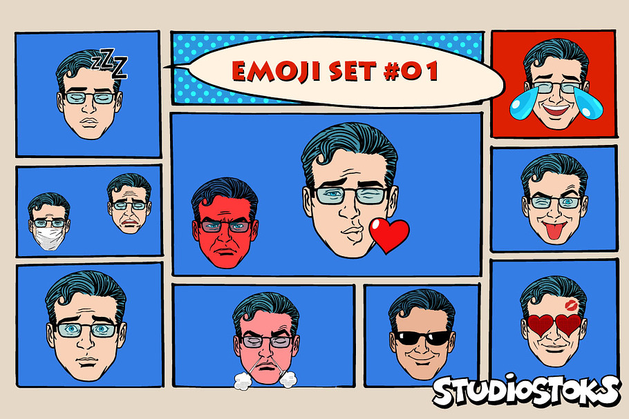 Set retro Emoji 11 emotions men in Illustrations - product preview 8