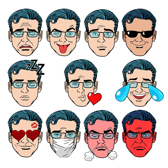 Set retro Emoji 11 emotions men in Illustrations - product preview 2