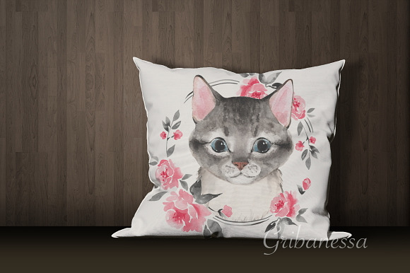 Cat and flowers. Watercolor in Illustrations - product preview 2