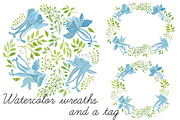 Watercolor floral wreaths and tag