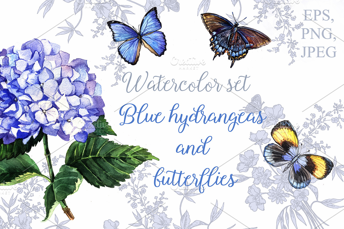 Blue hydrangeas and butterflies in Illustrations - product preview 8