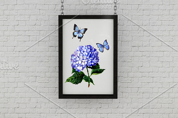 Blue hydrangeas and butterflies in Illustrations - product preview 4