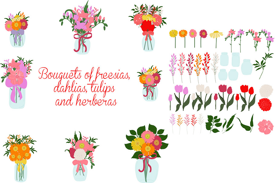 Bouquets of freesia, dahlias, tulips