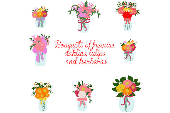 Bouquets of freesia, dahlias, tulips in Illustrations - product preview 1