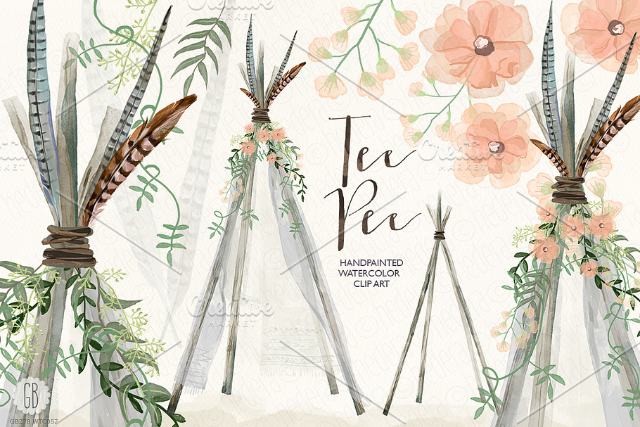 Watercolor tee pee, bohemian wedding in Illustrations - product preview 8